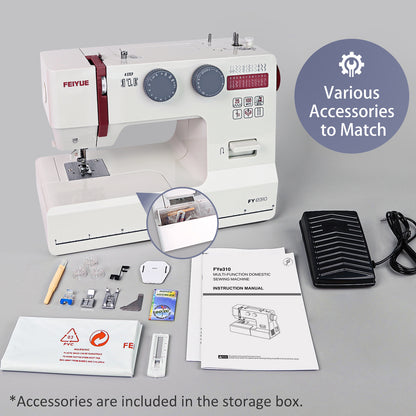FEIYUE FYe310 Full Size Sewing Machine with Foot Pedal (White, Red, Grey)