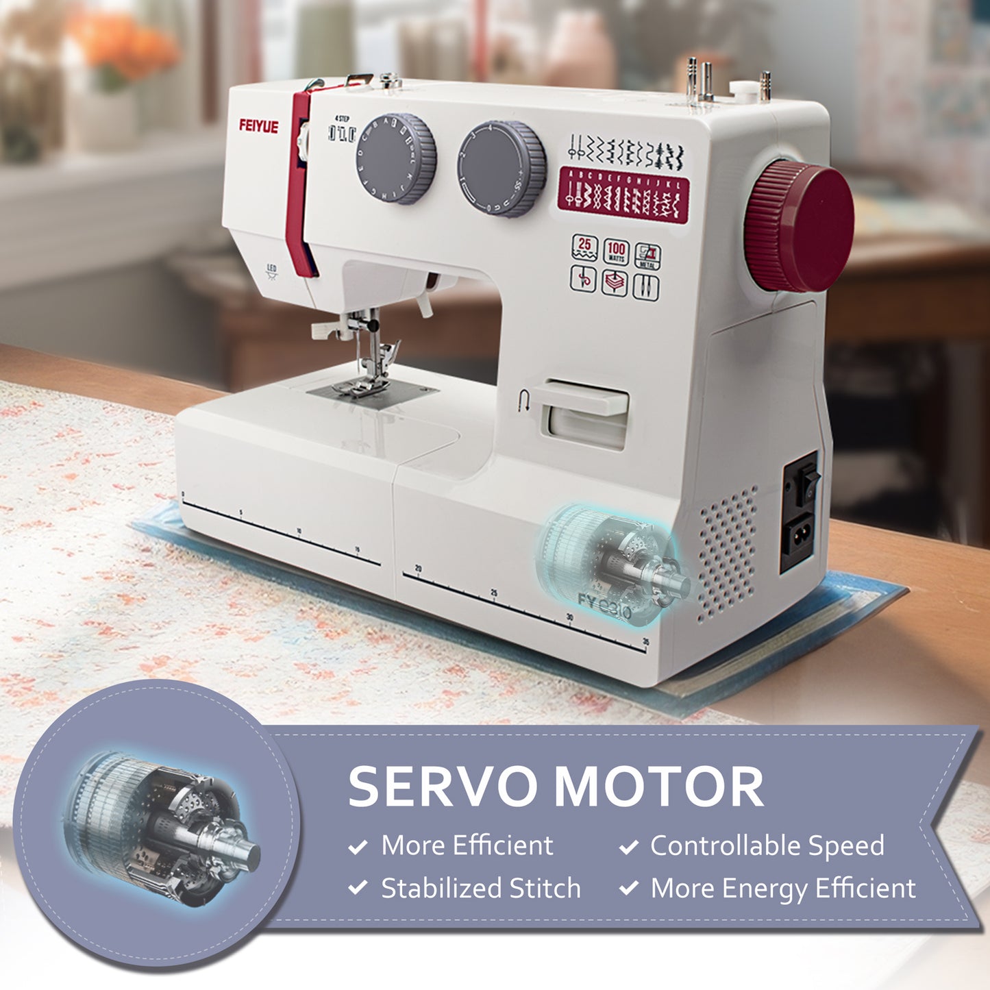 FEIYUE FYe310 Full Size Sewing Machine with Foot Pedal (White, Red, Grey)